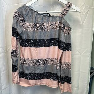 Y2K Asymmetrical Striped Blouse in Pink, Black, and Gray